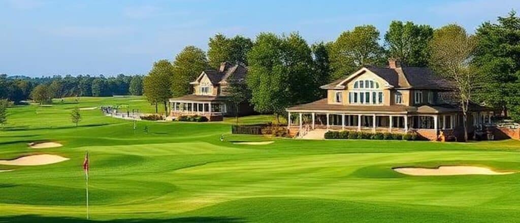 Zicht op de golfbanen en het golf clubhouse