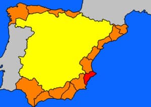 Kaart van Spanje met in het rood gekleurd de Costa Blanca-Noord