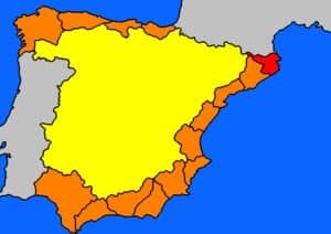 Kaart van Spanje met in het rood gekleurd de Costa Brava
