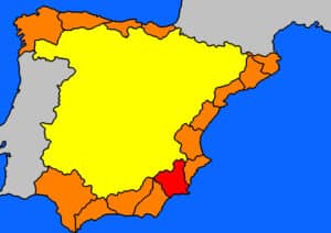 Kaart van Spanje met in het rood gekleurd de Costa Cálida