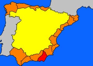 Kaart van Spanje met in het rood gekleurd de Costa de Almería