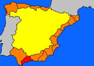Kaart van Spanje met in het rood gekleurd de Costa del Sol-Centro