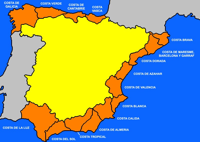 Kaart van Spanje met de verschillende Spaanse Costas