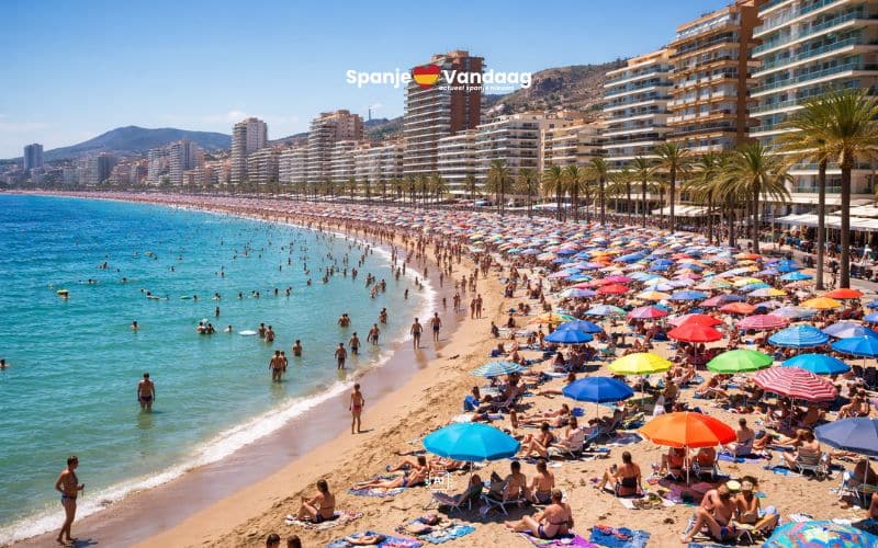 Druk bevolkt strand in toeristische Spaanse grootstad