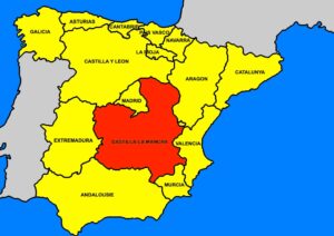 Getekende kaart met de regio's van Spanje met aanduiding Castilla-La Mancha