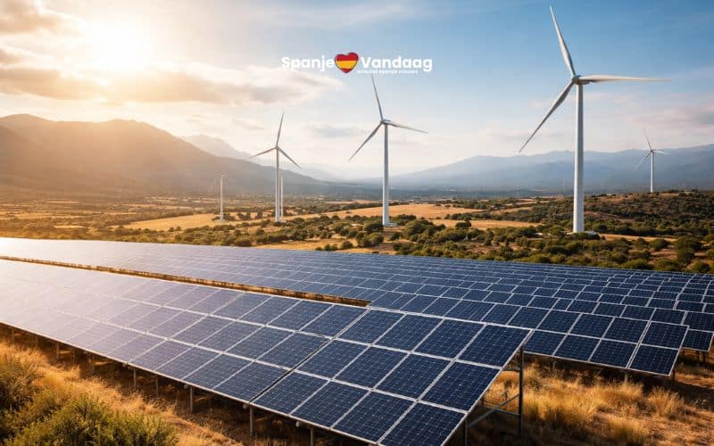 Een zonnepanelen- en windmolenpark in een Spaans landschap
