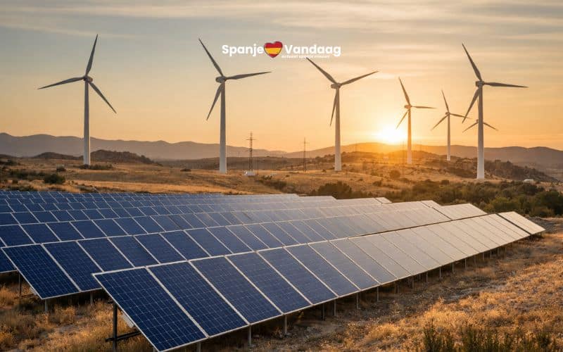 Zonnepanelen en windmolens in Spaans landschap