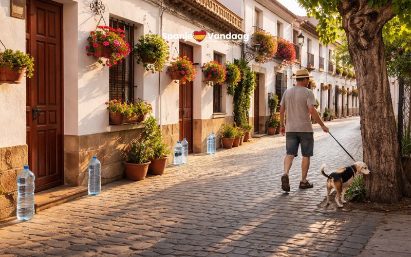 Een straat in Spanje waar aan elke woning een fles water staat