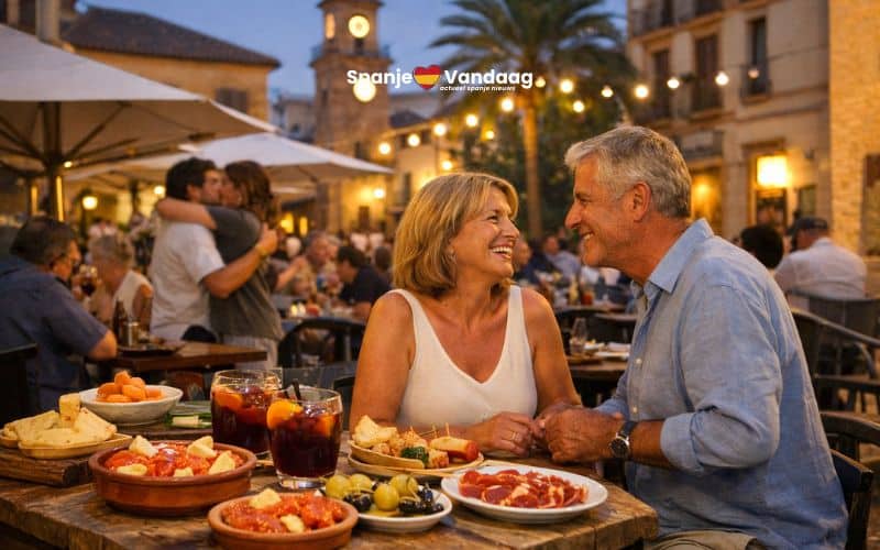 Mensen die 's avonds buiten op terrasjes eten en praten