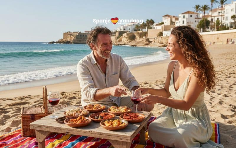 Koppel die op het strand zit te lunchen