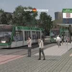 Tramhalte met tram en personen in de omgeving
