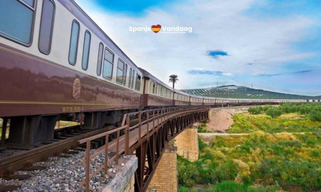 Een trein rijdend over een brug in een Spaans landschap