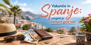 Cash geld op een tafel in Spanje met de middellandse Zee in de achtergrond