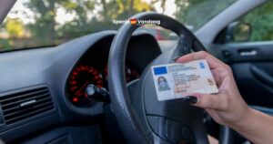 Hand toont rijbewijs in een auto.