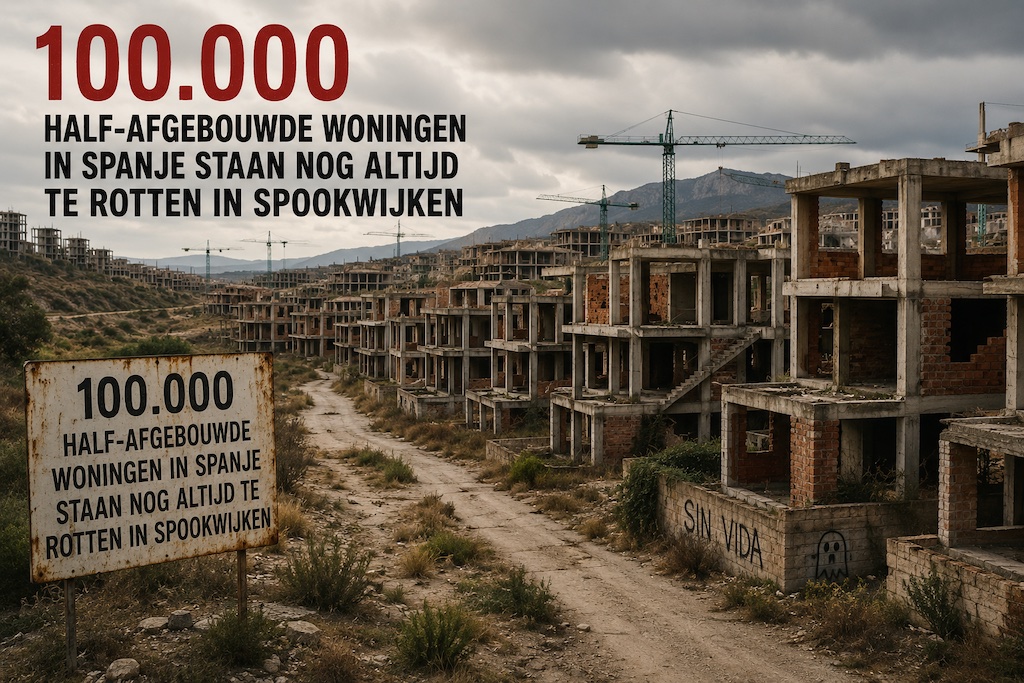 Een verlaten en onafgewerkt woningbouwproject in Spanje onder een zwaarbewolkte, dreigende hemel