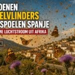 Een overwoekering aan vliegende vlinders over een Spaans landschap