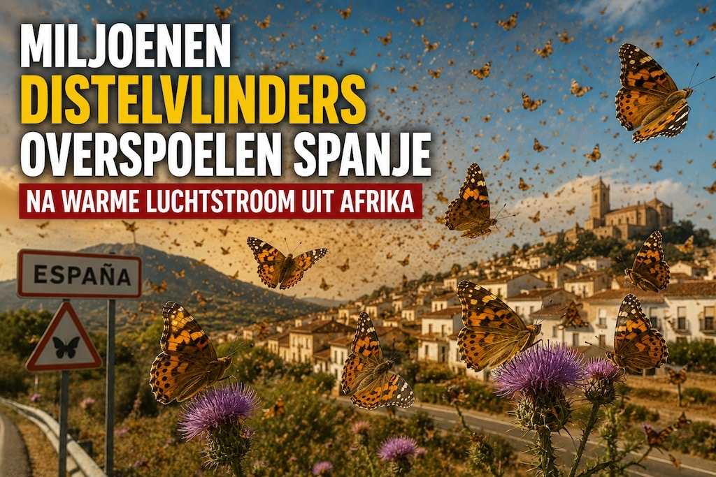 Een overwoekering aan vliegende vlinders over een Spaans landschap