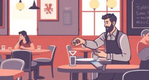 Tekening van een man in een bar die een fooi in een potje stopt.