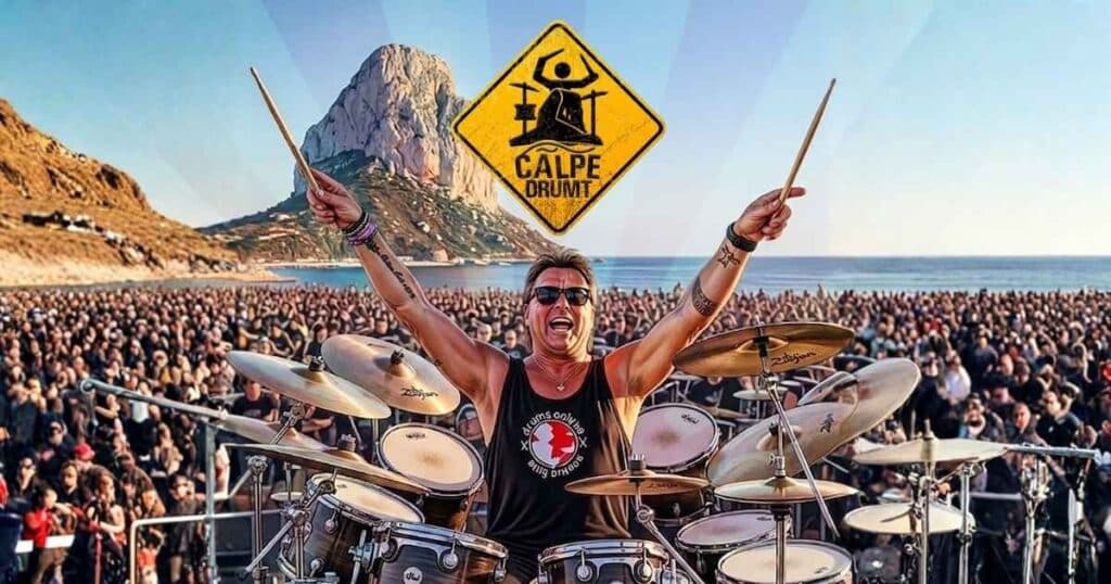 Een drummer met tal van mensen rond zich met de Ifach rots in de achtergrond