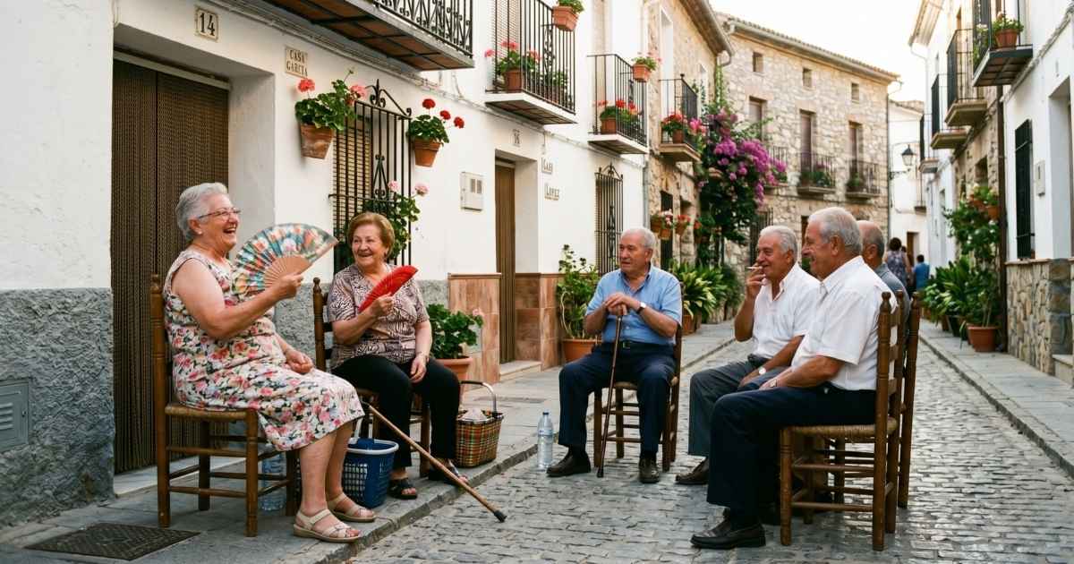 Ouderlingen die samen keuvelen in een Spaans straatje